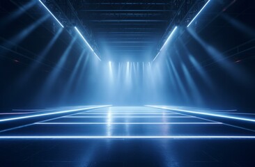 Fototapeta premium with white spotlights, isolated space with stage and floor