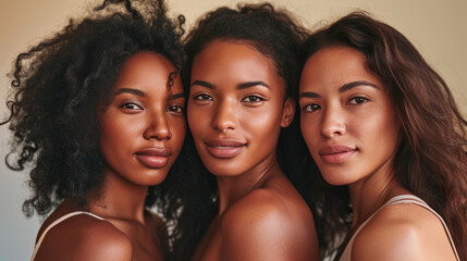 Three young women with diverse skin tones are posing closely together, smiling