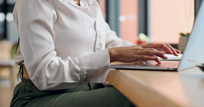 Business, hands and typing with laptop in cafe for remote work, corporate proposal and creative research. Employee, entrepreneur and technology in coffee shop for copywriting, blog and freelancer