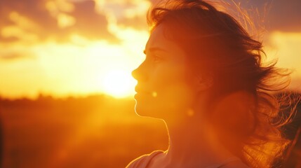 Young thoughtful girl standing in front of Sun at the time of sunset walking in plains ground