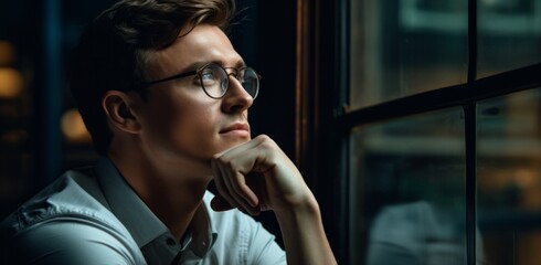 man in glasses resting his hand on chin in the window - obrazy, fototapety, plakaty