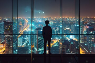 Businessman standing on open roof top balcony watching city night view. Business ambition and vision concept