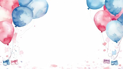 Pink and blue balloons and baby shoes, gender reveal banner with copy space for text. - obrazy, fototapety, plakaty