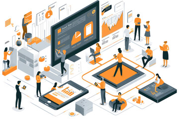 isometric image of small business group of people with an interactive screen - obrazy, fototapety, plakaty