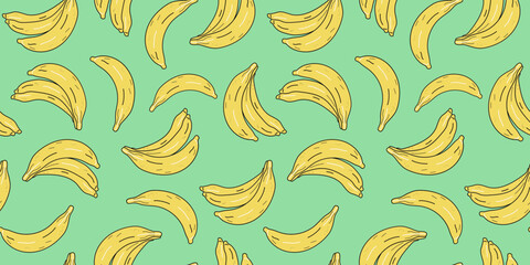 Banana Pattern, seamless. Tropical fruit in Doodle style. Color summer vector illustration. Juicy Fruits, food. Vector illustration, Background isolated.