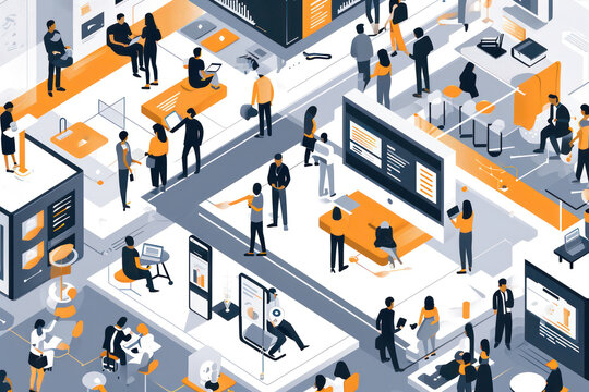 isometric image of small business group of people with an interactive screen