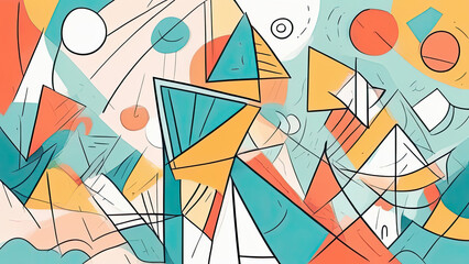 Abstract minimalist background, illustration style of cubism art movement in pastel tones, geometric shapes and forms, visually stunning and intricate designs suitable for various creative projects