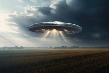 Fototapeta premium Alien UFO hovers motionless in sky.