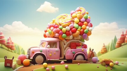 Colorful pastel candy landscape. pink castle or palace in the land of sweets and car. road among sweets and lollipops