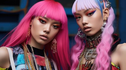 Fototapeta premium Fashion photo shoot of generation Z. girls with bright, colorful hair, makeup and jewelry. individuality and style.