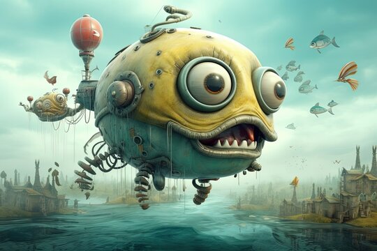 Steampunk fish submarine flying in the sky, surreal world