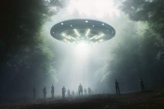 Alien encounter: Blurred figures, UFO landing.