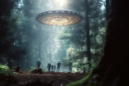 Alien encounter: Blurred figures, UFO landing.