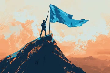 Fotobehang man with blue flag on top of rock © AAA