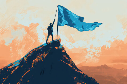 man with blue flag on top of rock