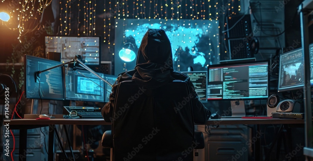 Poster hooded jacket hacker standing in front of computer monitors generative ai