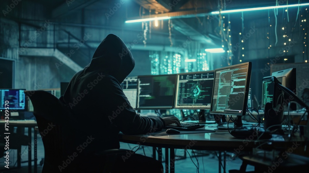 Poster hacker sitting at desk in front of three computer monitors generative ai