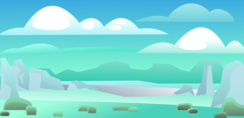 Arctic plain. Winter landscape. Harsh cold nature. Snow and ice frost. Cartoon fun style. Flat design. Vector