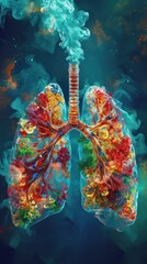 Vibrant artistic representation of the lungs bursting with color and energy. - obrazy, fototapety, plakaty