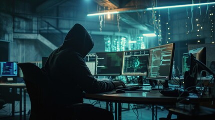 Hacker Sitting at Desk in Front of Three Computer Monitors Generative AI