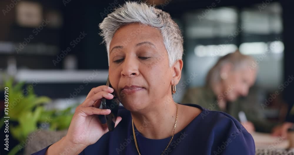 Poster mature, woman and phone call with discussion in cafe for networking, communication and business chat