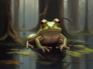 Illustration eines Frosches in einem mystischen Teich