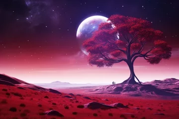 Fototapeten NASAfurnished red alien landscape with lone tree silhouette. © darshika