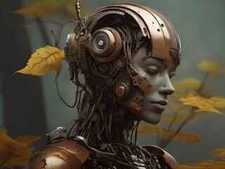 Illustration eines koboldhaften Roboterwesens in einem Zauberwald - obrazy, fototapety, plakaty