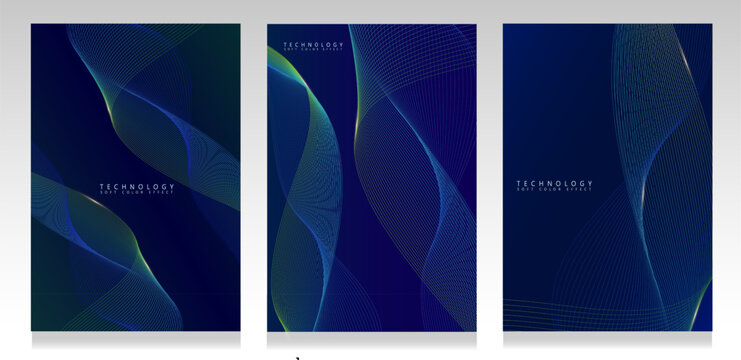 Abstract technological cover set. Curved lines on a blue background. Contemporary template for business, digital vision, technology.