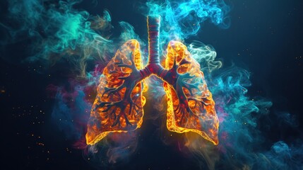 Vibrant artistic representation of the lungs bursting with color and energy. 