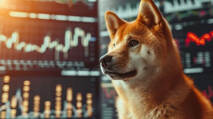 Joyful Shiba Inu, the iconic face of Dogecoin, depicted happily amidst crypto charts. Positive and cheerful atmosphere in the cryptocurrency market.