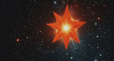 illustrazione di spazio cosmico con grande stella luminosa nei colori rosso arancio - obrazy, fototapety, plakaty