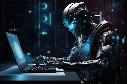 Cyborg woman typing on laptop computer in dark office, 3D render, automation office worker concept, humanoid ai robot working on laptop at office, robotic office job.