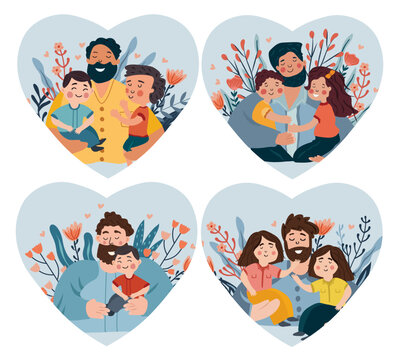 A series of Father's Day themed images showcasing fathers of bonding and adventure with their children. These illustrations capture the essence of fatherly love. Vector illustration.
