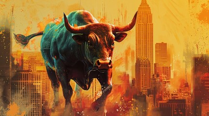 Powerful bull set against a city backdrop, symbolizing a robust and bullish stock market. This imagery conveys strength, growth, and optimism in financial markets. - obrazy, fototapety, plakaty