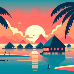 Maldives beach skyline illustration, retro beach concept, gradient vector. Maldivian island with sunset concept. - obrazy, fototapety, plakaty