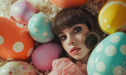 Obraz premium Easter retro poster, woman in Easter eggs