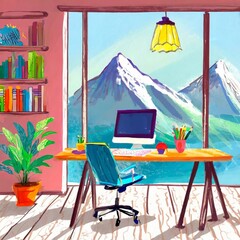 illustration of office looking at mountain 