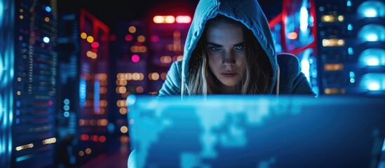 Female hacker leveraging computer knowledge to illicitly obtain data and pilfer passwords. Intruder bypassing security firewall for spying, hacktivism, and cryptojacking. Filmed with a mobile device. - obrazy, fototapety, plakaty