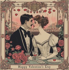 art nouveau style valentine's day illustration with couple sharing an intimate moment over a romantic dinner - obrazy, fototapety, plakaty