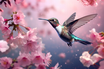 Hummingbird flying and soaring to collect nectar from beautiful pink flower