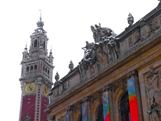 Lille, January 2024: Discover Lille, the capital of Flanders, under the snow. Lille Belfry under the snow, seen from Place du Général De Gaulle