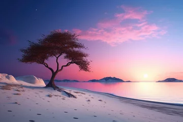 Gordijnen Lonely tree on white island with huge moon on pink sunset beach © darshika