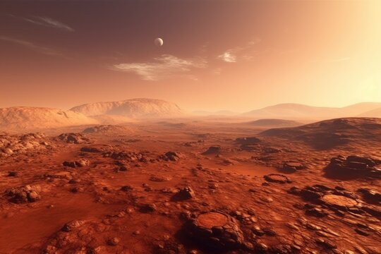 Sunset panorama of rocky Martian landscape with craters.