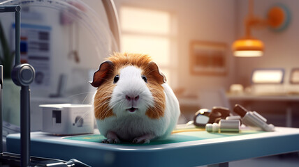 Cute adorable guinea pig in a veterinary clinic sitting on a table with medical equipment. Scientific laboratory interior. Testing on animals concept