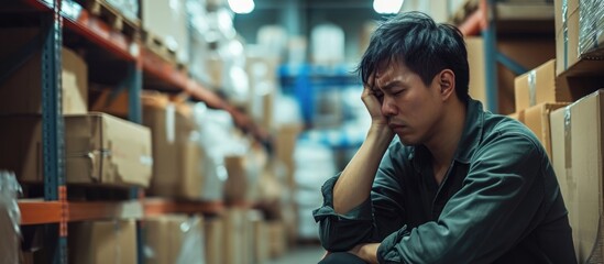 Fatigued Asian warehouse worker sitting, resting from hard labor in inventory industry.