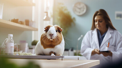 Cute curious guinea pig in a veterinary clinic sitting on a table with a doctor standing in background. Scientific laboratory interior. Testing on animals concept