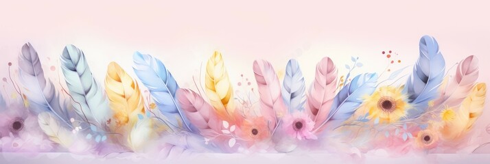 Banner of soft and fluffy feathers in different pastel shades in a row on a light background.