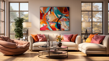 Image of an Abstract Art Wall Painting Hanging in a Living Room, on a Sunny Day