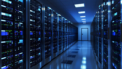 Server racks in computer network security server room data cente - obrazy, fototapety, plakaty